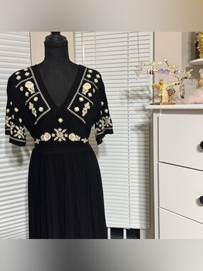 Black Embroidered V-Neck Women's Dress